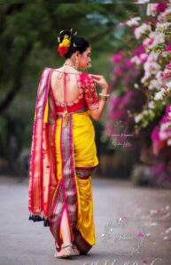 Marathi girl in yellow saree back pose